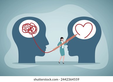 Mental health, Psychological counseling illustration. Woman character solve mental problems, learn self accepting and how to find herself. Psychotherapy concept. Vector illustration.