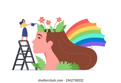 Mental Health, Psychological Support, Healthy Mind, Positive Thinking. Tiny Woman Character Stand on Ladder Watering Flowers at Huge Female Head with Colorful Rainbow. Cartoon Vector Illustration