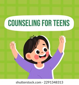 Mental health and psychological support for teenagers, happy teen with positive emotions. Counseling for teenage children. Assistance and help with emotion controlling. Vector in flat styles