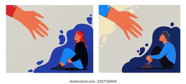 Mental health and psychological therapy. Set of scenes with hand supporting and helping lonely characters sitting on floor. Empathy and kindness. Cartoon flat vector collection isolated on white