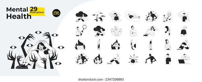 Mental health and psychology bw concept vector spot illustrations bundle. People with mental illness 2D cartoon flat line monochromatic characters for web UI design. Editable hero image collection