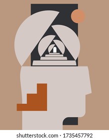 Mental health or psychology concept with abstract human head silhouette with stairways and doorway. Can be used for psychologic blog article image or social network post or wall art print. Vector 