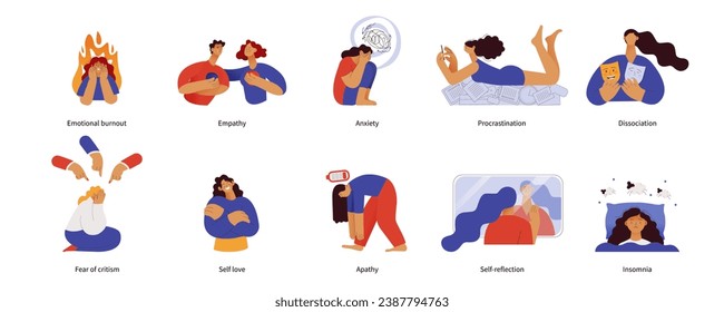 Mental health and psychology concept collection. Different mental health problems, psychological disorders. Modern vector illustrations.