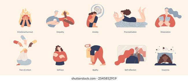 Mental health and psychology concept collection. Different mental health problems, psychological disorders. Modern vector illustrations.