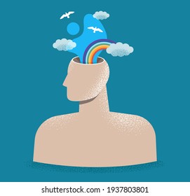 Mental Health, Psychology Concept. Human Head With Sky, Clouds And Rainbow. Psychological Wellness, Positive Thinking, Creativity, Emotions. World Mental Health Day. Isolated Flat Vector Illustration