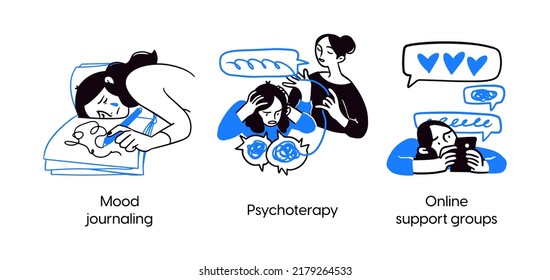 Mental health and psychology concept llustrations. Mood journaling, psychoterapy, support groups. Visual Stories Collection.