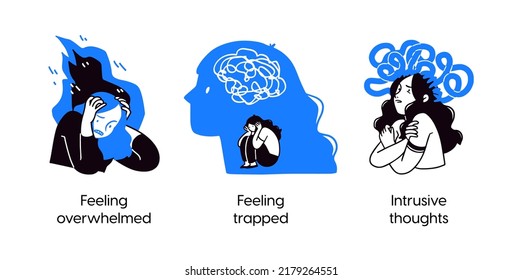 Mental health and psychology concept llustrations. Overwhelming and trapped feelings, intrusive thoughts. Visual Stories Collection.