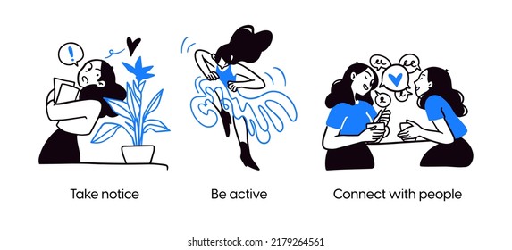 Mental Health And Psychology Concept Llustrations. Take Notice, Be Active, Connect With People. Visual Stories Collection.