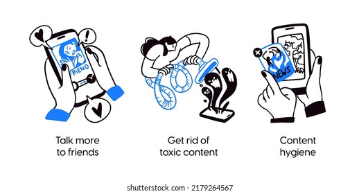 Mental health and psychology concept llustrations. Importance of communication and content hygiene. Visual Stories Collection.