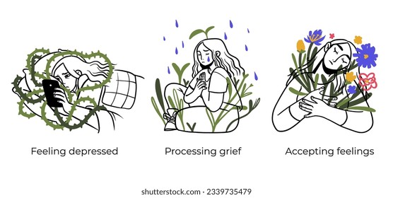 Mental health and psychology concept llustrations. Overwhelming and trapped feelings, intrusive thoughts. Visual Stories Collection.
