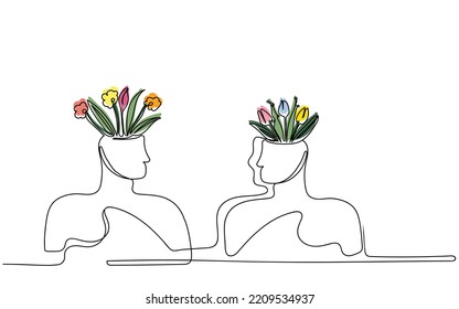 Mental health, psychology concept Psychological wellness, positive thinking, emotions, creativity. World mental health day. Isolated vector art. Positive vibes growing together good company matters