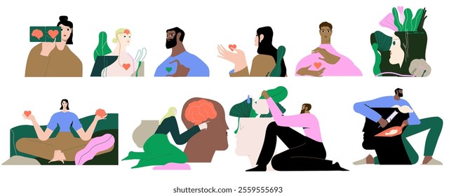 Mental health, psychology concept. Self love, mind care, help, acceptance. People with healthy mindset, psychotherapy, wellbeing. Flat graphic vector illustration isolated on white background.