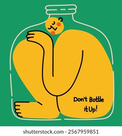 Mental health, psychology concept. Self love, mind care, help, acceptance. Don't bottle it up. Cute disproportionate isolated characters inscribed in a bottle, vector illustration