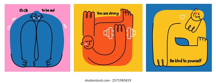 Mental health, psychology concept. Self love, mind care, help, acceptance. Cute disproportionate isolated characters inscribed in color square box and funny quotes, vector illustration