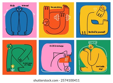 Mental health, psychology concept. Self love, mind care, help, acceptance. Cute disproportionate isolated characters inscribed in color square box and funny quotes, vector illustration