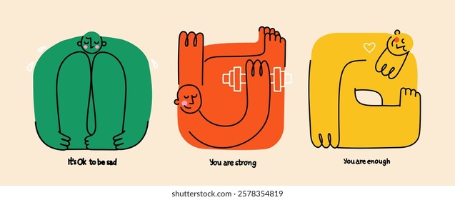 Mental health, psychology concept. Self love, mind care, help, acceptance. Cute disproportionate isolated characters inscribed in color square box and funny quotes, vector illustration