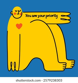 Mental health, psychology concept. Self love, mind care, help, acceptance. You are your priority. Cute disproportionate isolated character inscribed in a square, vector illustration