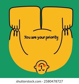 Mental health, psychology concept. Self love, mind care, help, acceptance. You are your priority. Cute disproportionate isolated character inscribed in a square, vector illustration