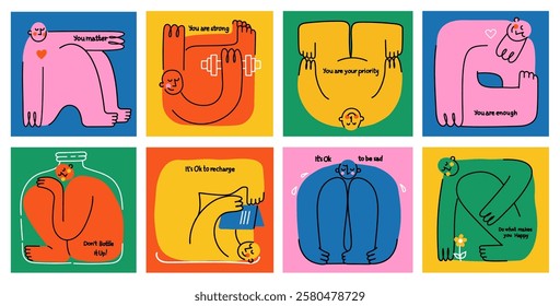 Mental health, psychology concept. Self love, mind care, help, acceptance. Cute disproportionate isolated characters inscribed in color square box and funny quotes, vector illustration