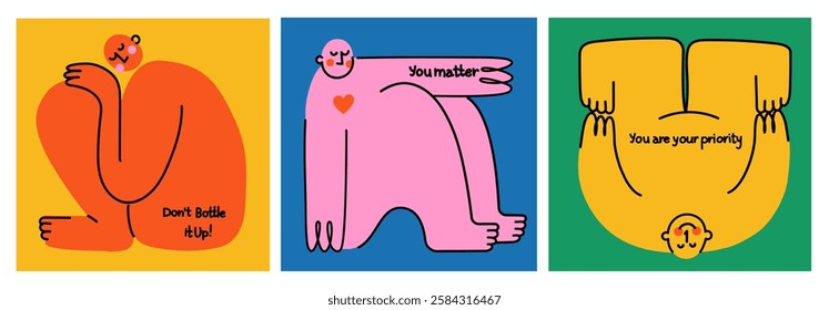 Mental health, psychology concept. Self love, mind care, help, acceptance. Cute disproportionate isolated characters inscribed in color square box and funny quotes, vector illustration