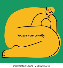 Mental health, psychology concept. Self love, mind care, help, acceptance. You are your priority. Cute disproportionate isolated character inscribed in a square, vector illustration