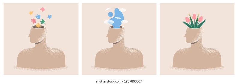 Mental Health, Psychology Concept Set. Collection Of Illustrations Of Human Heads. Psychological Wellness, Positive Thinking, Emotions, Creativity. World Mental Health Day. Isolated Flat Vectors