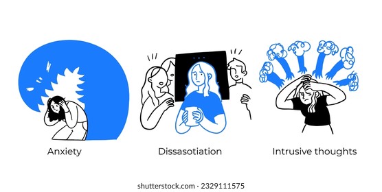 Mental health and psychology concept set. Different mental health problems, psychological disorders, treatment techniques and approaches.