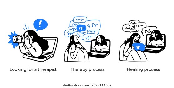 Mental health and psychology concept set. Different mental health problems, psychological disorders, treatment techniques and approaches.