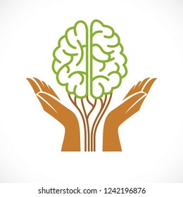 Mental Health And Psychology Concept, Vector Icon Or Logo Design. Human Anatomical Brain In A Shape Of Green Tree With Tender Guarding Hands, Growth And Heyday Of Personality And Individuality.