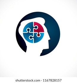 Mental health and psychology conceptual logo or icon created with man face profile and jigsaw puzzle, psychoanalysis and psychotherapy of human mind concept. Vector simple classic design.