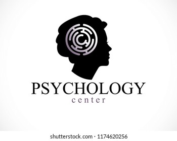 Mental health and psychology conceptual logo or icon created with woman face profile and maze, psychoanalysis and psychotherapy of human mind concept. Vector simple classic design.