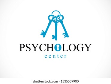 Mental health and psychology conceptual logo or icon, psychoanalysis and psychotherapy as a key to human mind concept. Vector simple classic design.