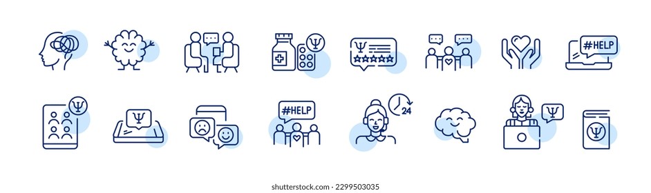 Mental health and psychology help icons. Pixel perfect, editable stroke line design set