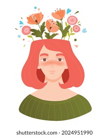 Mental health, psychology. Human head with flowers inside. Positive thinking, looking for good sides, taking care of yourself. Working on your thoughts and brains. Flat cartoon vector illustration