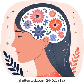 Salud mental, psicología. Cabeza humana con flores dentro. Pensamiento positivo, buscar buenos lados, cuidarse. Trabajando en tus pensamientos y cerebros. Ilustración vectorial plana de dibujos animados