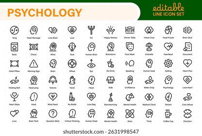 Ícones de Saúde Mental e Psicologia. Uma coleção completa para sessões de terapia, aconselhamento, bem-estar emocional, serviços de suporte e programas de bem-estar