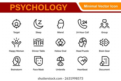 Ícones de Saúde Mental e Psicologia. Uma coleção completa para sessões de terapia, aconselhamento, bem-estar emocional, serviços de suporte e programas de bem-estar