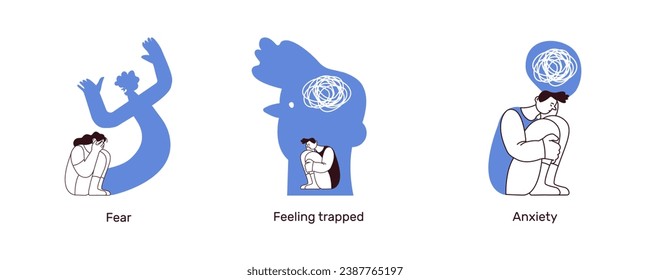 Mental health and psychology illustrations. Fear, trapped feelings, anxiety. Black and white modern flat vector illustration