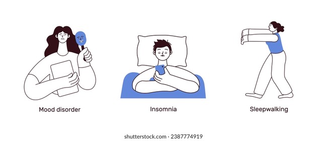 Mental health and psychology illustrations. Mood disorder, Insomnia, Sleepwalking. Black and white modern flat vector illustration