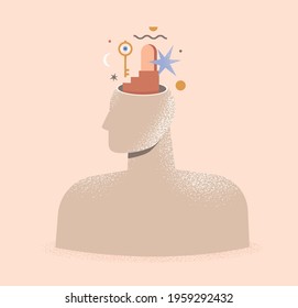 Mental Health, Psychology, Philosophy Concept. Abstract Illustration Of A Human Head With Door And Key. Therapy, Psychotherapy. Idea Of Thinking, Mind, Mental Wellness. Isolated Vector Illustration