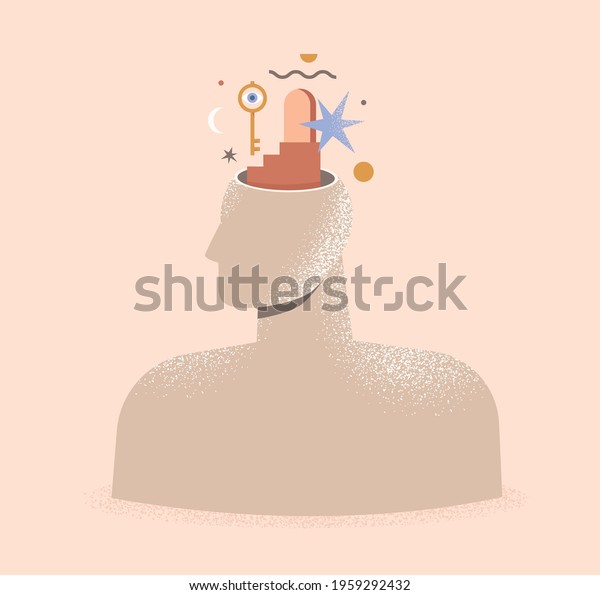 Mental health, psychology, philosophy\
concept. Abstract illustration of a human head with door and key.\
Therapy, psychotherapy. Idea of thinking, mind, mental wellness.\
Isolated vector\
illustration