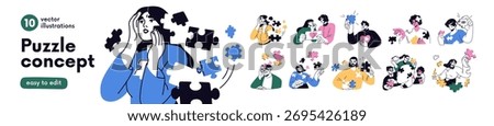 Mental health, psychology problem concept. Assembling puzzle pieces of mind, memory. Missing jigsaw fragment of yourself, self losing and finding. Flat vector illustration isolated on white background