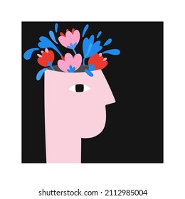 Mental health. Psychology and self care. Positive thinking, good mood and harmony. Abstract human head. Flowers inside. Imagination and inspiration. Vector cartoon flat isolated illustration