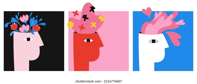 Mental health. Psychology and self care. Positive and negative thinking. Abstract human head. Posters and cards set. Imagination and inspiration. Vector cartoon flat isolated illustration