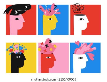 Mental health. Psychology and self care. Positive and negative thinking. Abstract human head. Posters and cards set. Imagination and inspiration. Vector cartoon flat isolated illustration