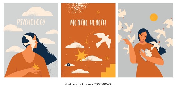 Mental Health Psychology Self healing, recovery flat vector illustration. Woman assembling herself cartoon character. Girl feeling anxiety.