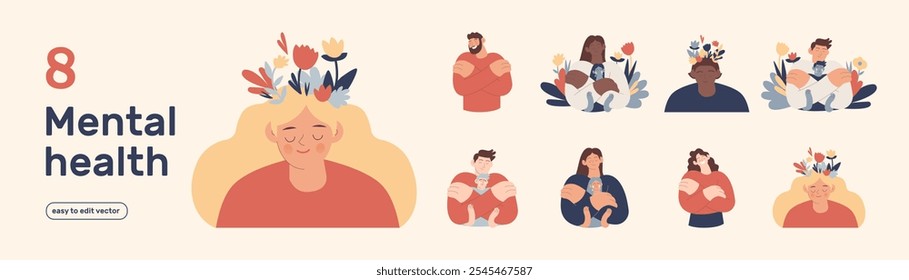 Mental health and psychology set. Different mental health problems, mindfulness, treatment techniques. Modern vector illustrations