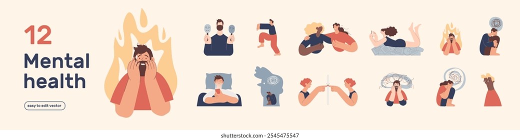 Mental health and psychology set. Different mental health problems, psychological disorders, treatment techniques. Modern vector illustrations