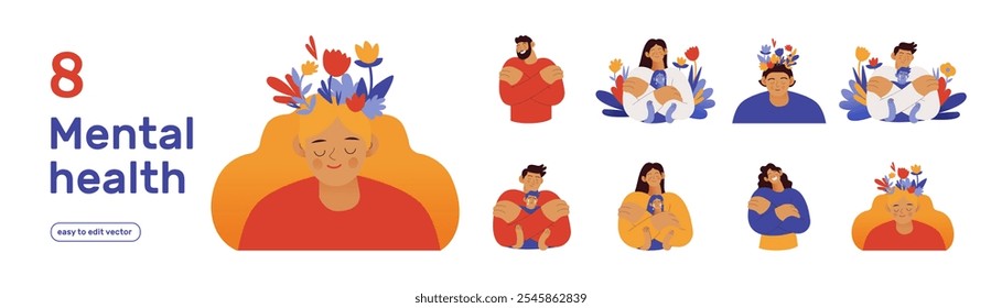 Mental health and psychology set. Different mental health problems, mindfulness, treatment techniques. Modern vector illustrations