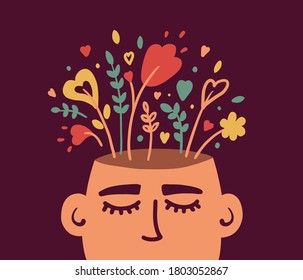 Mental Health, Psychology Vector Concept. Human Head With Flowers Inside. Positive Thinking, Self Care, Healthy Slow Life. Wellbeing, Wellness Mind. Acceptance, Blooming Brain Abstract Illustration 